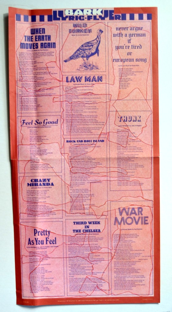 Jefferson Airplane Bark lyric sheet front